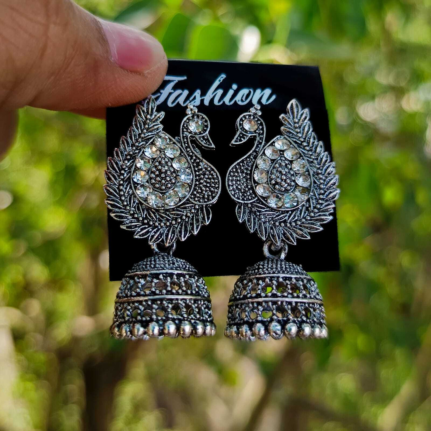Image of JV CREATION Premium Silver Jhumki Earrings ( Pack Of 12 ) Oxidised Jhumka Earrings Cubic Zirconia Alloy Chandbali Earring, Drops & Danglers, Jhumki Earring, Stud Earring, Earring Set