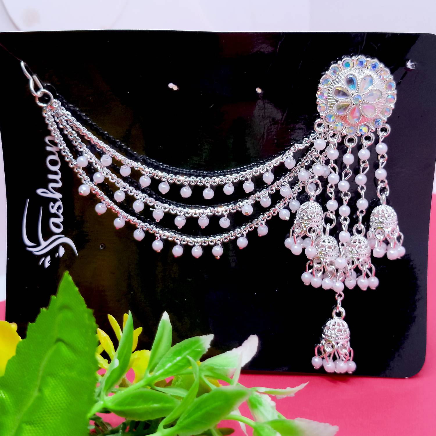 Gold Berry White Gold Jhumka Earring with Chain - Image 3