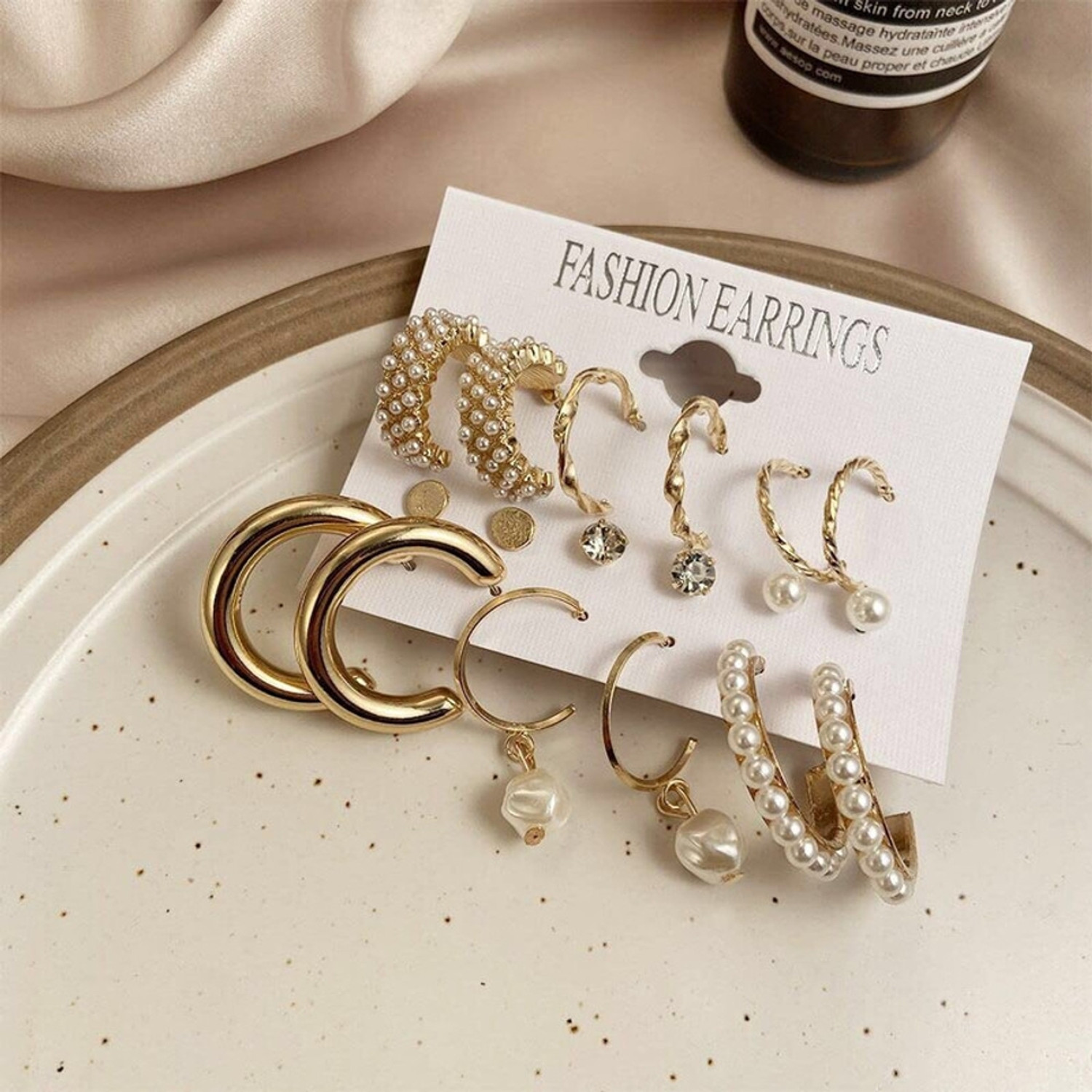 Image of Exotique Combo 9 Pair Stunning Gold Plated Pearl Hoop Earrings Metal Stud Earring Alloy Hoop Earring, Stud Earring
