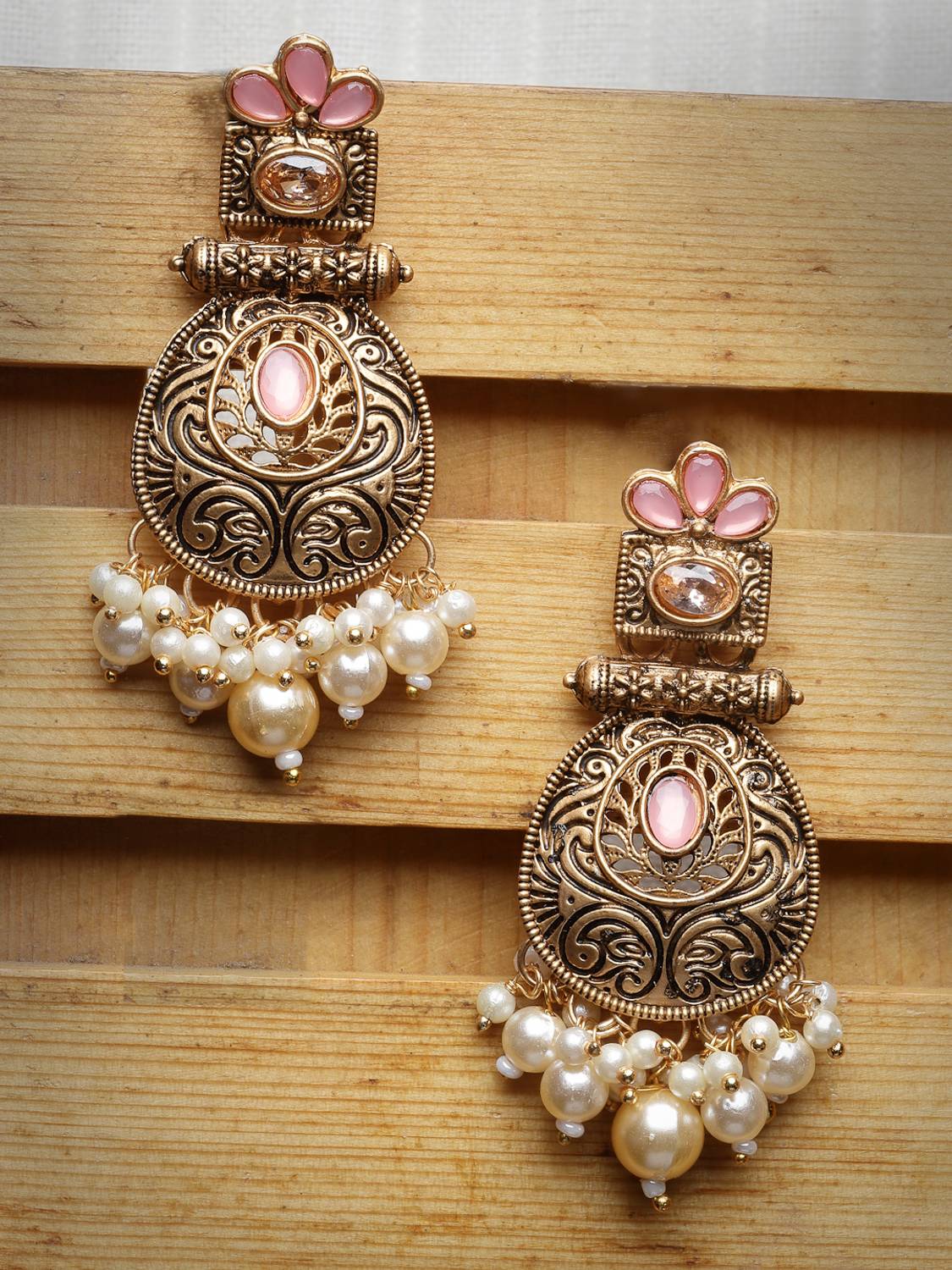 Adiva ADIVA Glod-Plated Pink Stone & Pearl Antique Drop Earrings Alloy Drops & Danglers