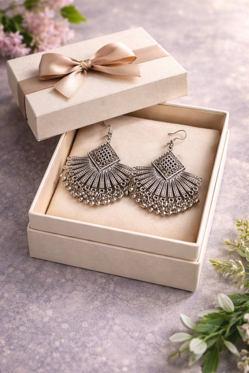 ABCD Traditional Fan Shape Jhumka White Zircon, Cat's Eye White Metal Jhumki Earring