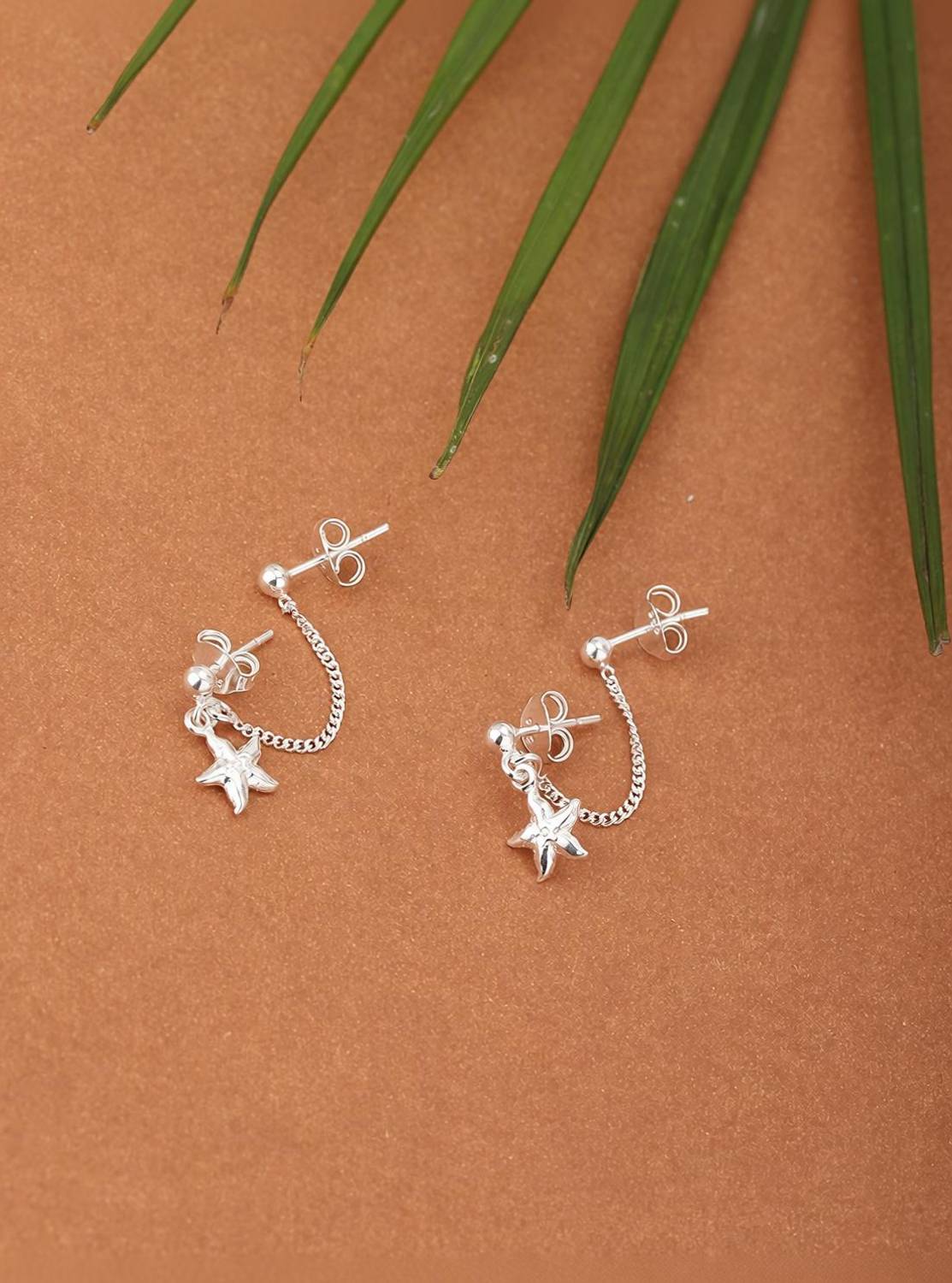 CARLTON LONDON 925 Sterling Silver Star-Double Stud with Chain Earrings Sterling Silver Stud Earring