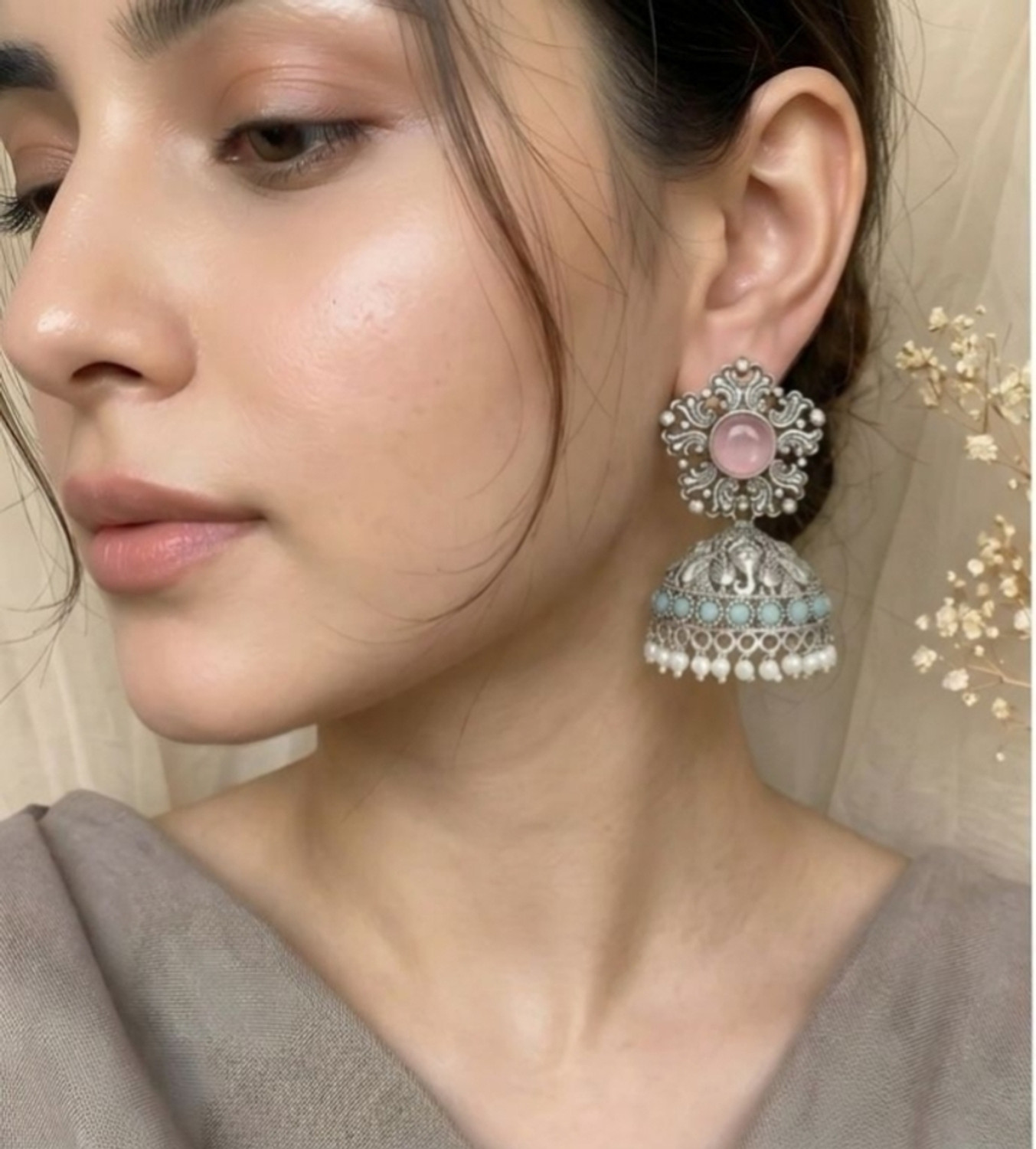 Image of Shree jewell Traditional Oxidized gold chandbali jhumki earrings for women Pearl Alloy Jhumki Earring