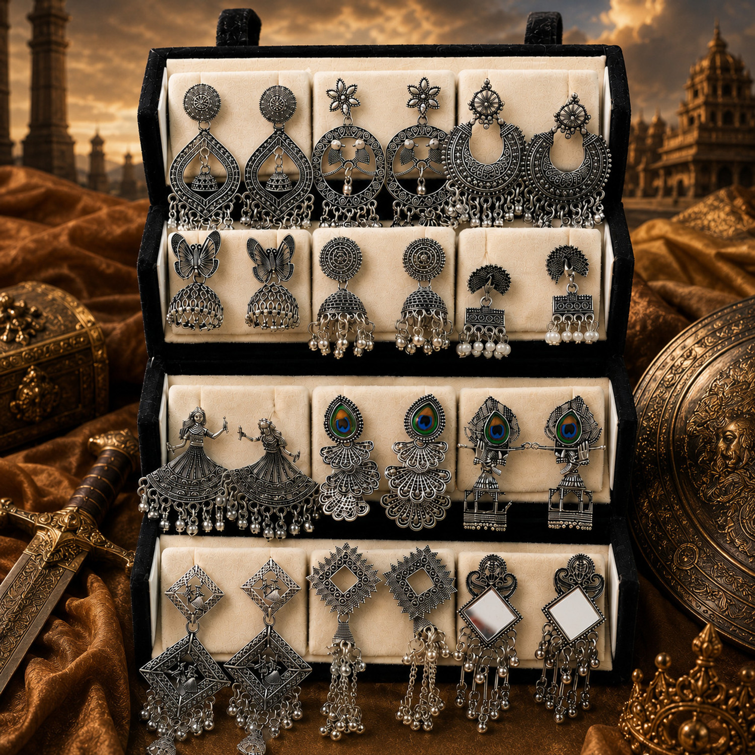 Image of Zyqora Oxidised Jhumka Earrings 12 Pairs Combo Set for Women Girls Ethnic Wear Alloy, Steel Earring Set, Jhumki Earring
