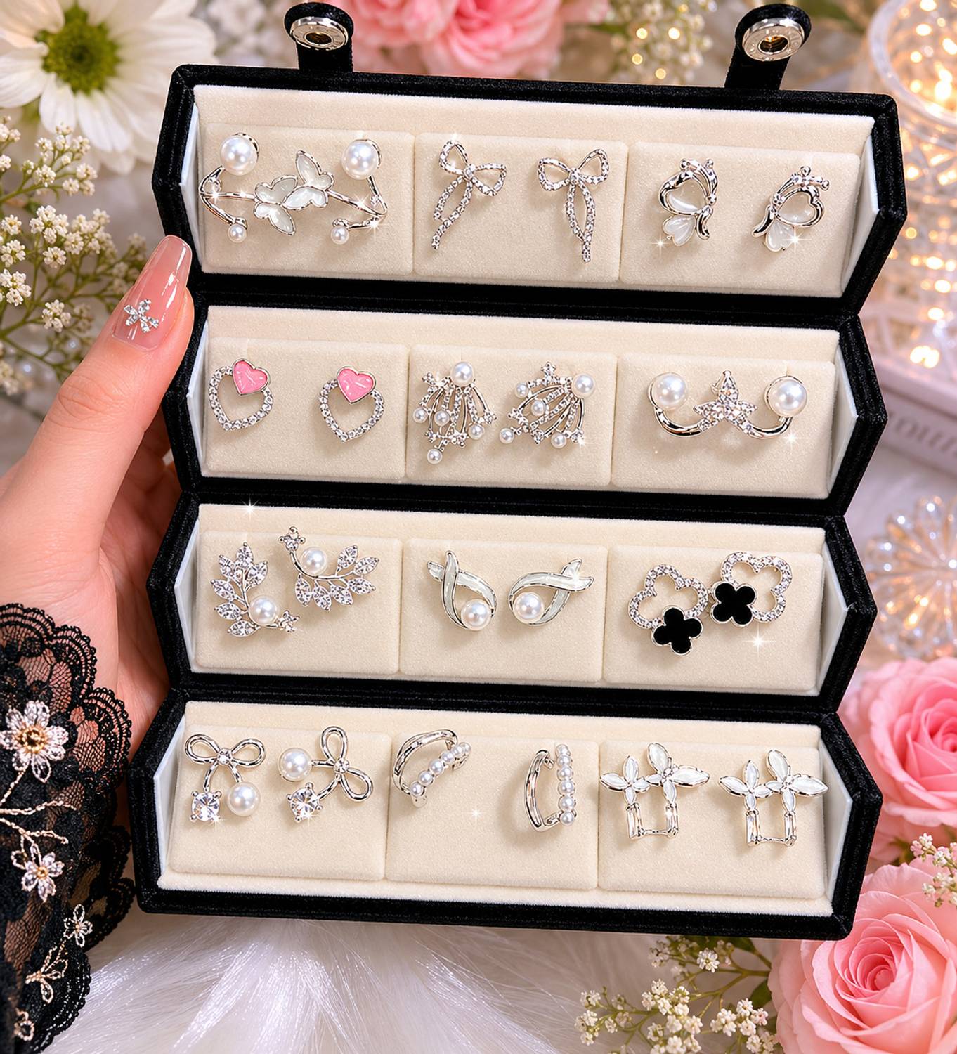 Aurnique Oxidised Korean Pearl & Crystal Earrings Combo - Image 1