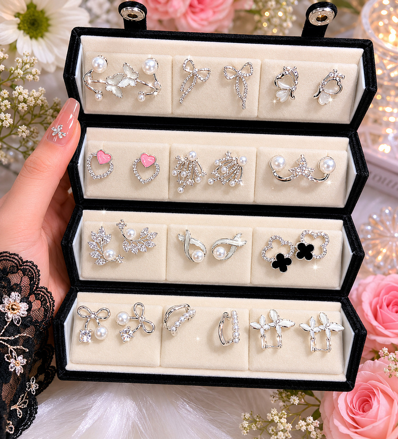 Image of Aurnique Oxidised Korean Pearl & Crystal Earrings Combo Box Crystal Alloy Stud Earring, Earring Set