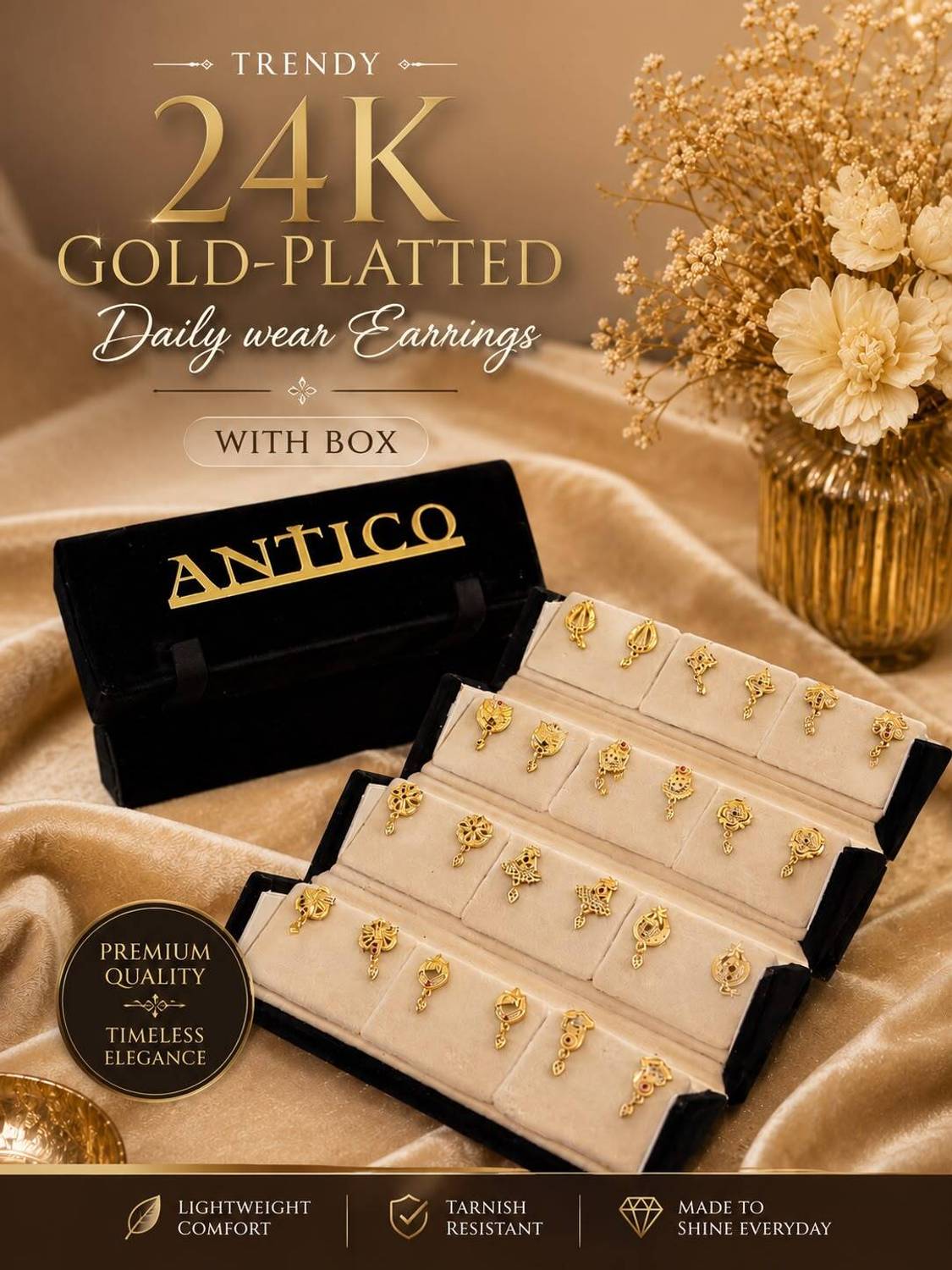 Antico 24k Gold Plated 12 Pair Earring Set - Image 1