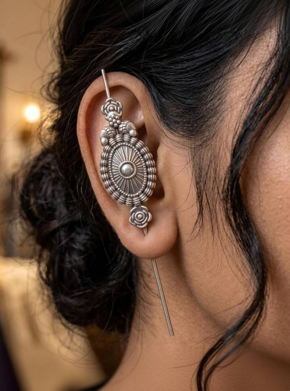 Aktrap Tradional Oxidised Silver Oval Shape Bugadi Earring For Womens & Girls German Silver Cuff Earring
