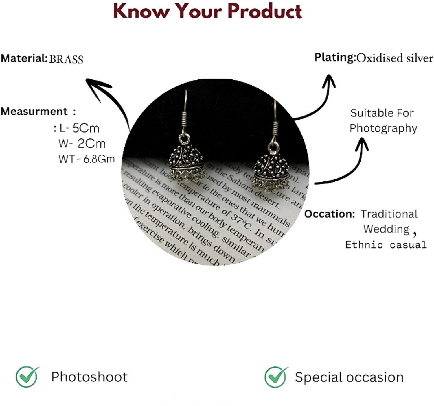Image of GanPatique Small Oxidised earrings for Girls' and Women's Daily Wear Jhumki. Brass Jhumki Earring