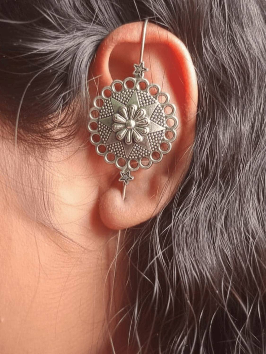 Aktrap Oxidised Silver Round Design Bugadi Earring for Womens & Girls German Silver Cuff Earring