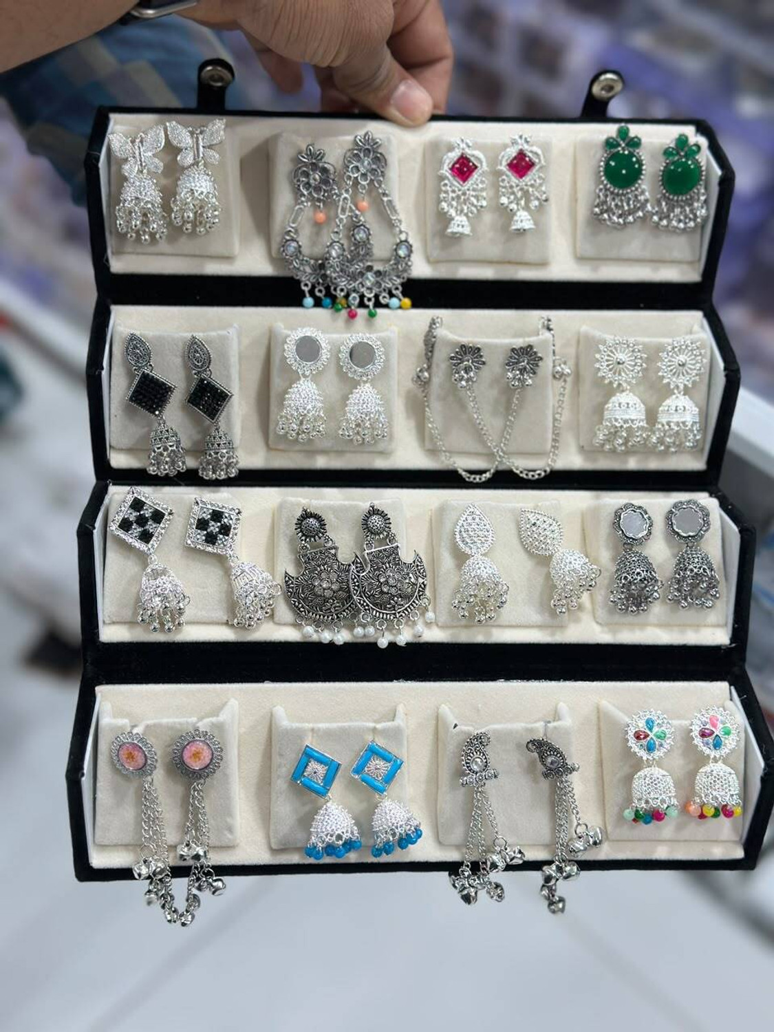 Image of Antico 16 Pair Jaipuri Silver Oxidised Jhumki Earrings with Velvet box for Women. Diamond, Pearl, Beads Brass, Alloy Stud Earring, Drops & Danglers, Jhumki Earring