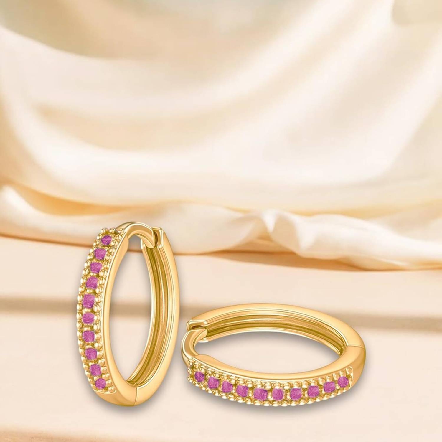 Bawree 18K Gold Plated Hoop Earrings with Pink Stone Detailing for Women & Girls Crystal Metal Hoop Earring
