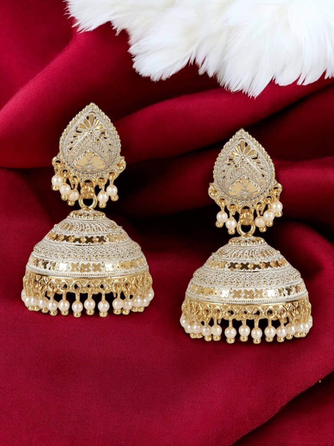BHANA FASHION Classic Designed Gold Plated Enamelled Jhumka Earrings_B Pearl Brass Jhumki Earring