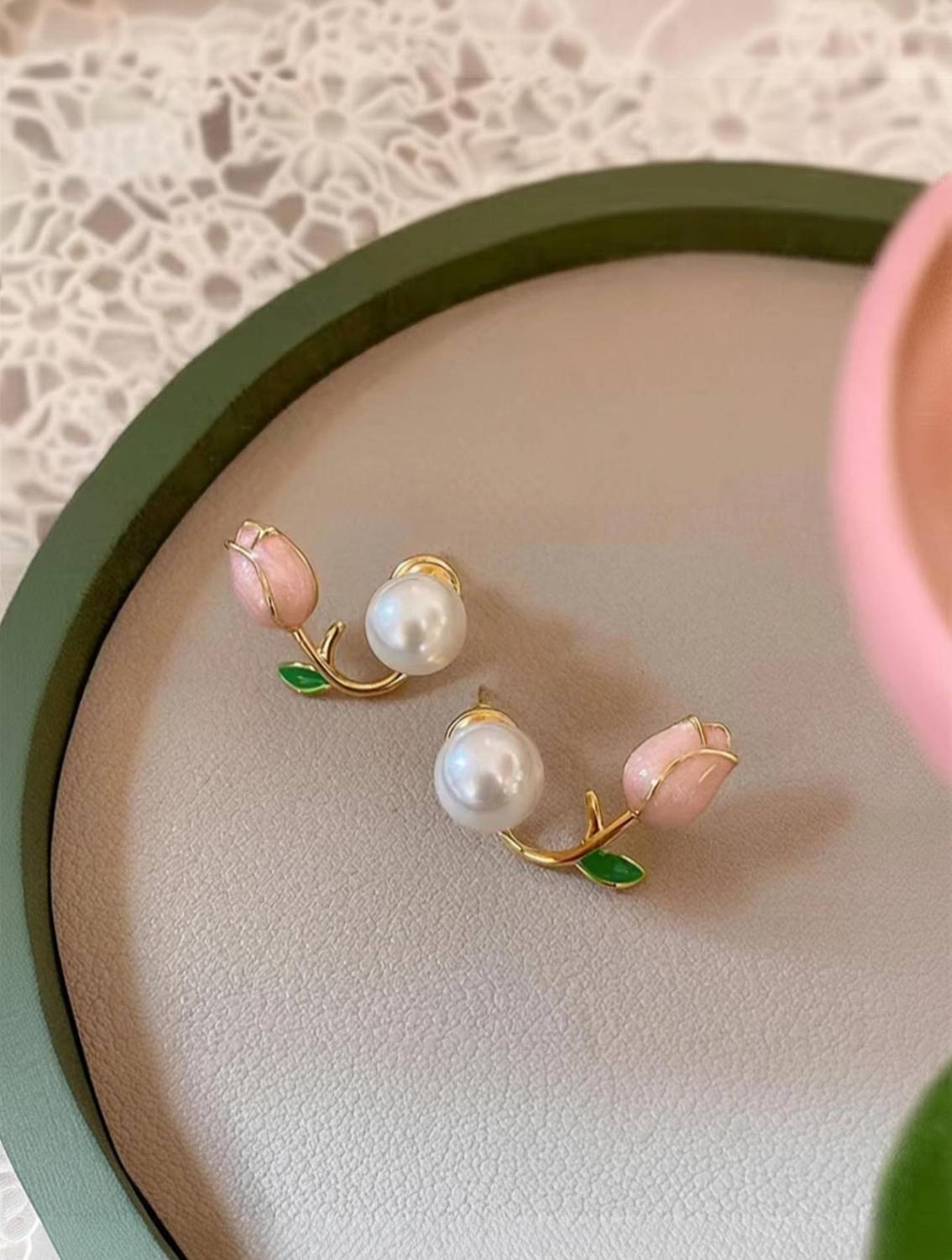 Kalka Fashion Korean Western Studd Earrings Pink Flower Earrings for Women and girls Pearl, Crystal, Cubic Zirconia, Diamond Alloy Drops & Danglers