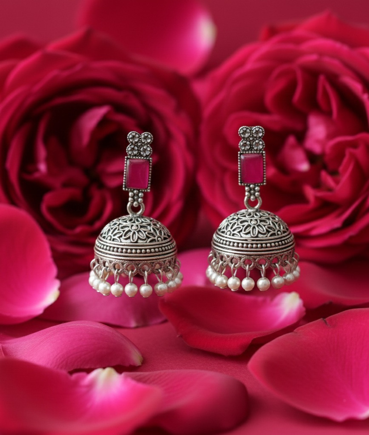 Image of Radhe krishna sales Oxidised Silver Jhumka Earrings with Pink Stone & Pearl Drops Alloy Jhumki Earring