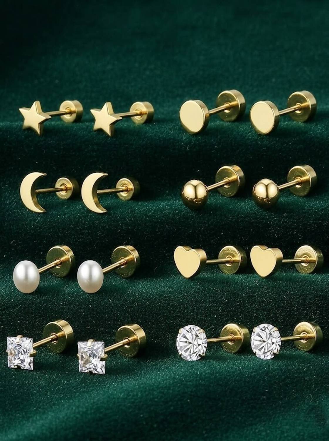 Bawree 18K Gold Plated Flat Back Stud Earrings Combo Set 8 Pairs Piercing Jewelry Crystal Crystal, Gold, Stone Stud Earring