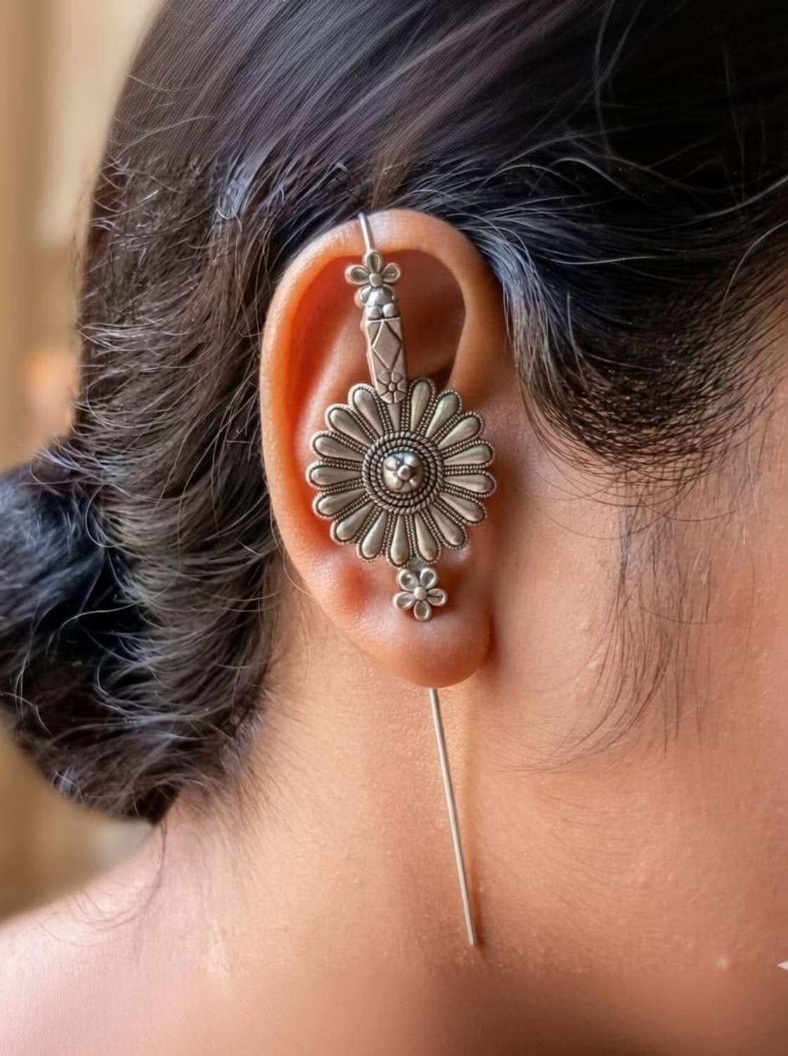 Aktrap Oxidised Silver Small Sunflower Design Bugadi Earing For Womens & Girls German Silver Cuff Earring