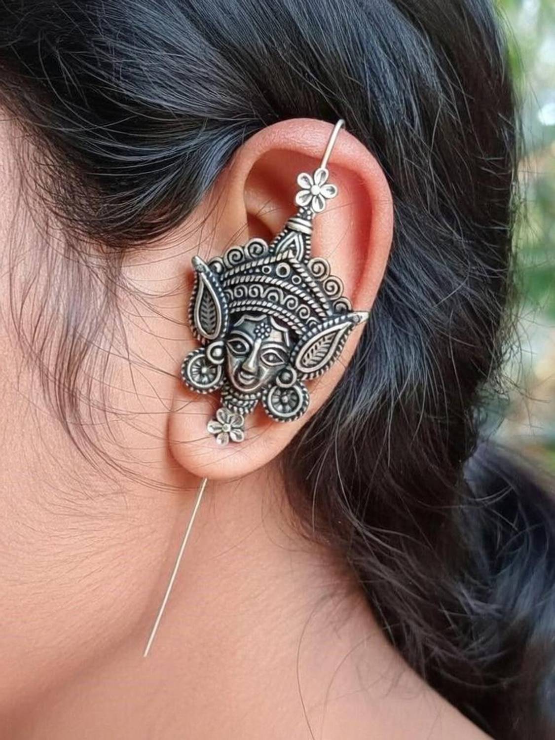 Aktrap Traditional Oxidised Silver Maa Durga Design Bugadi Earrings for Women & Girls German Silver Cuff Earring