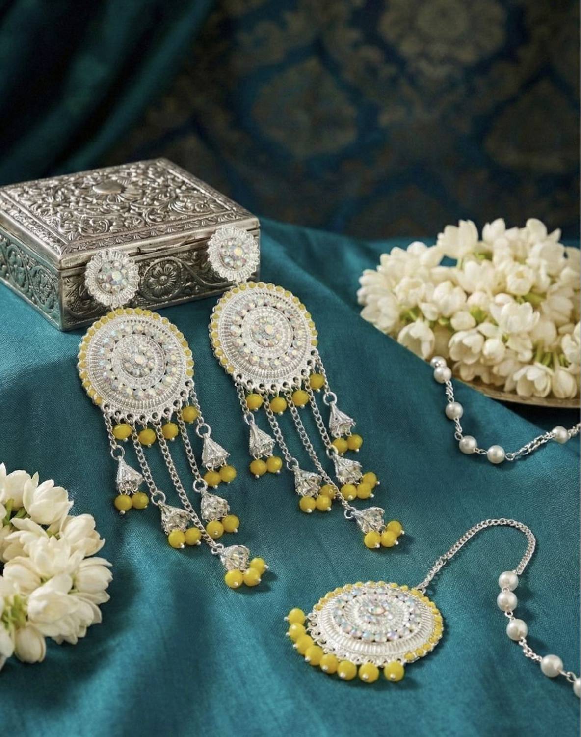 Aadya Collections Exquisite Silver-Plated Chandbali Earrings & Maang Tikka Set Alloy Chandbali Earring, Earring Set, Clip-on Earring
