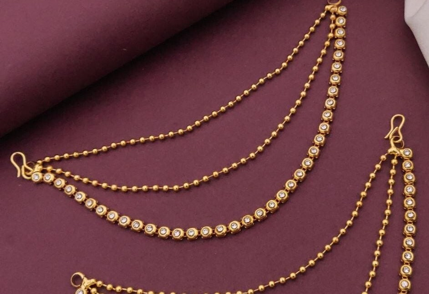 Image of kvmcreation Royal Heavy Triple Layered Ear Chain | Gold Plated Bridal Mattal Alloy Stud Earring, Jhumki Earring
