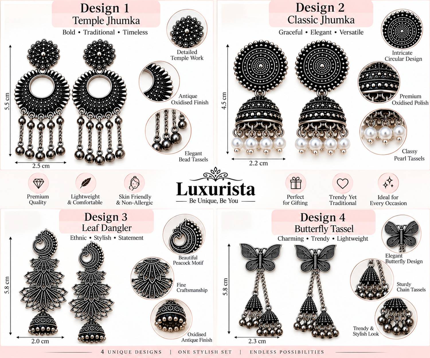 AKENTRPRISE Jhumka Earrings for Women Royal Ethnic Oxidised Combo Set Pack of 4 Traditional Alloy Jhumki Earring