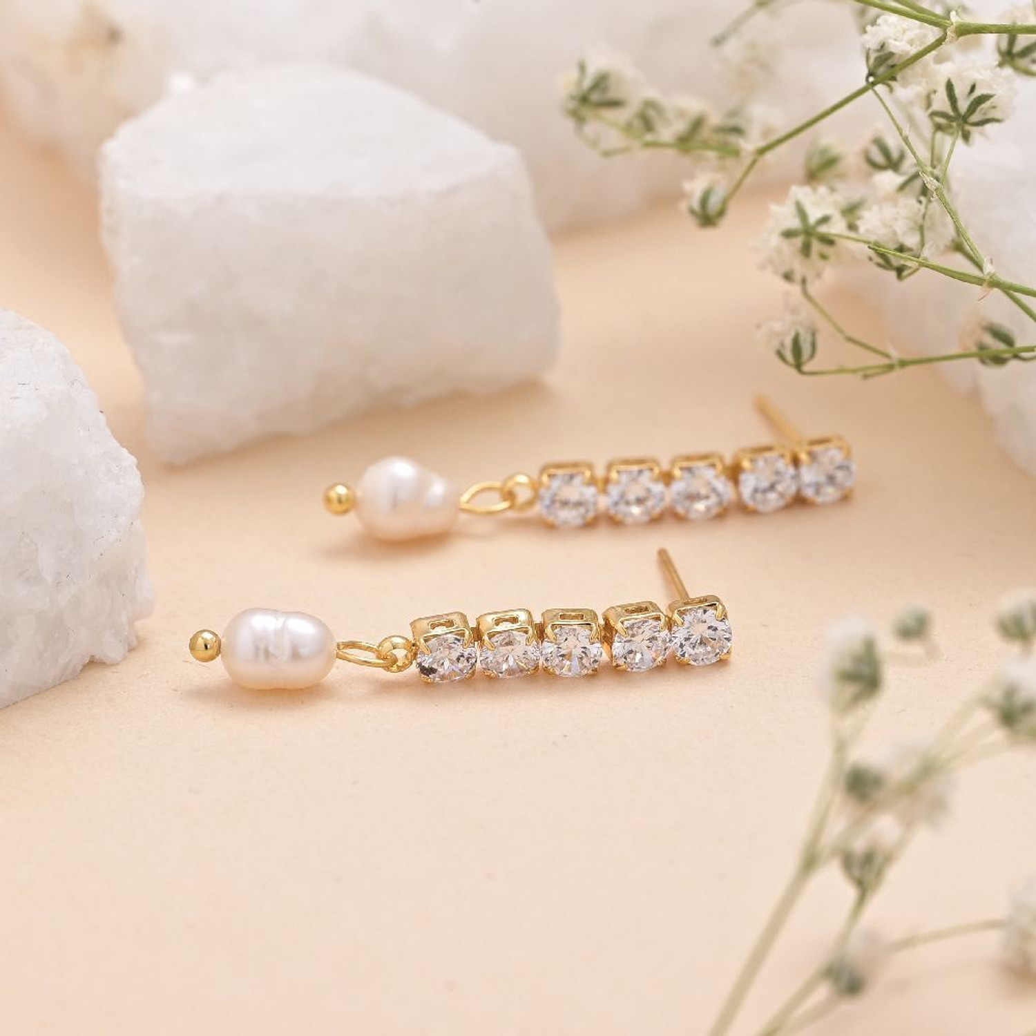 Image of PALMONAS Pearl Drop Diamond Earrings Stainless Steel Stud Earring
