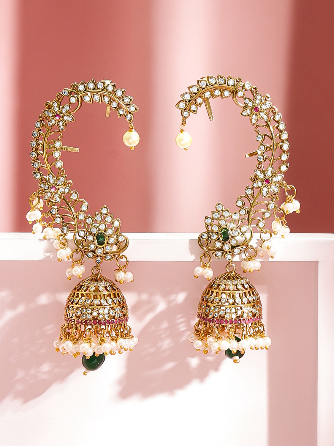 Image of RUBANS Rubans 22K Gold-Plated Ruby & Green Cubic Zirconia Ear Cuff Jhumka Earrings Brass Jhumki Earring