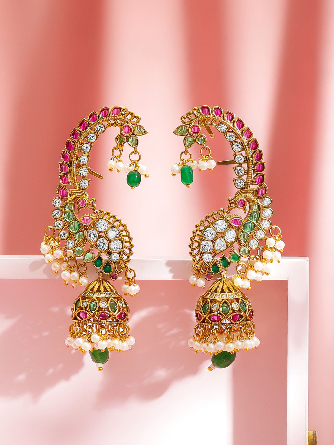 Image of RUBANS Rubans Gold Plated Peacock Motif Multicolor Ear Cuff Jhumkas Brass Jhumki Earring
