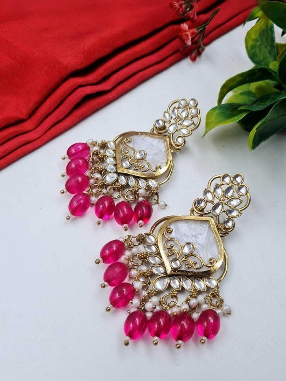 Image of undefined Traditional Pink Drops Kundan & Beaded Chandbali Earrings Alloy Chandbali Earring