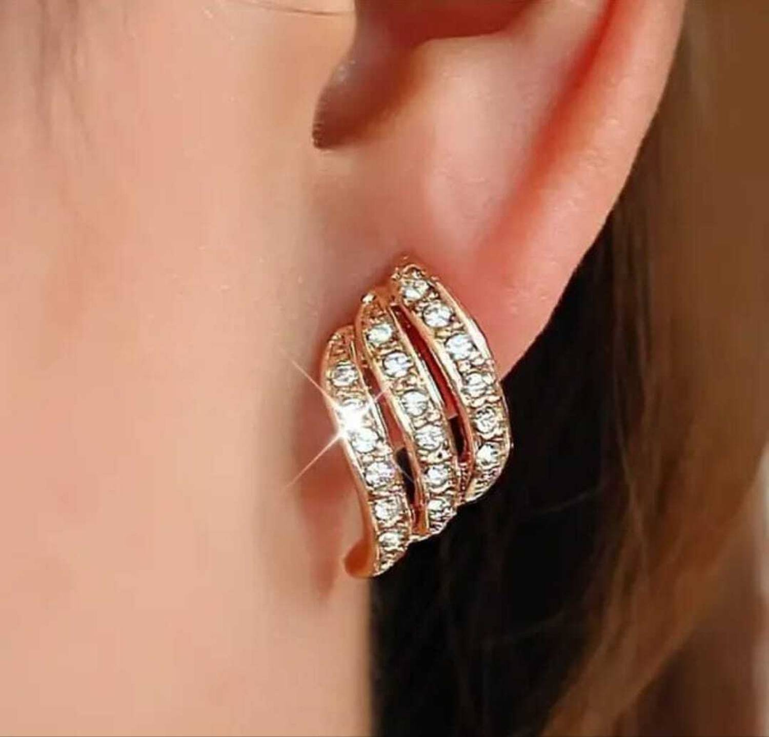AASTHAS COLLECTIONS Triple-Row Pave Statement Studs Cubic Zirconia Metal Huggie Earring