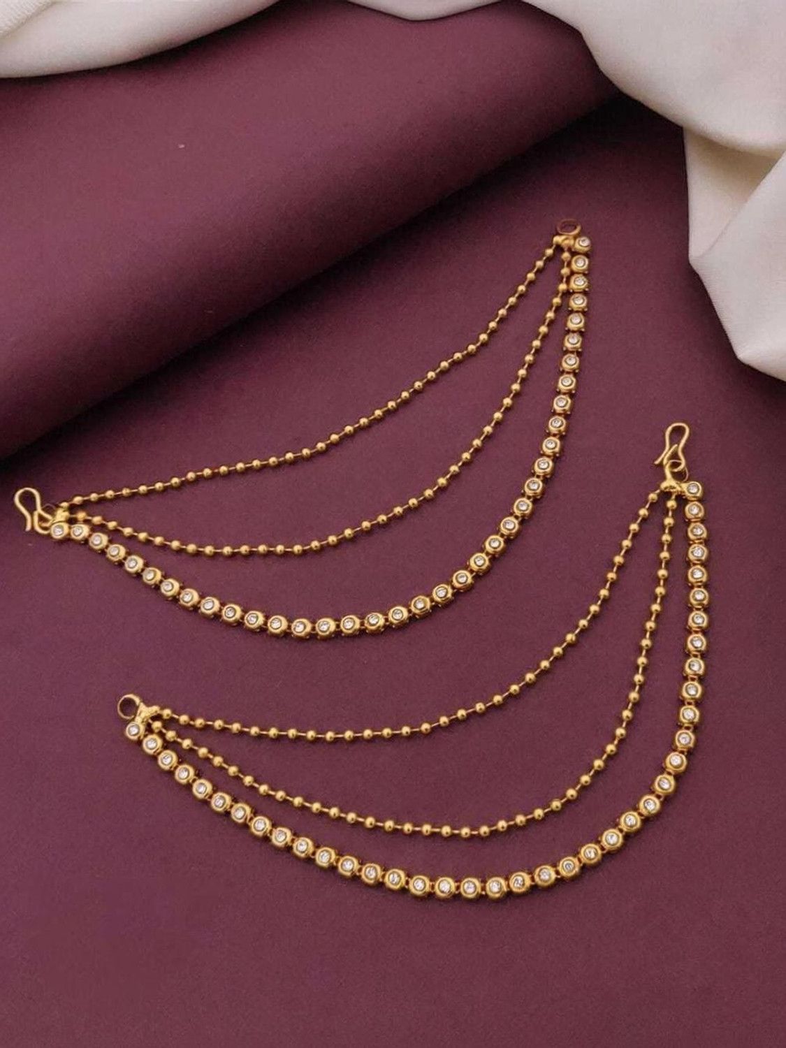 Image of kvmcreation Royal Heavy Triple Layered Ear Chain | Gold Plated Bridal Mattal Alloy Stud Earring, Jhumki Earring
