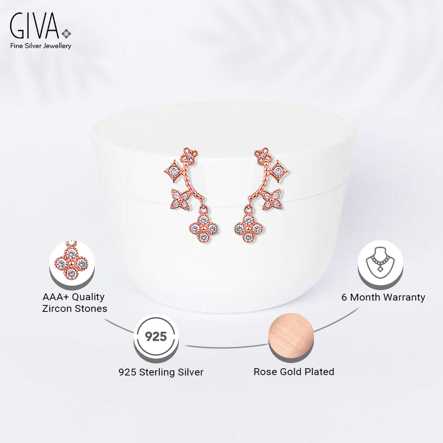 Image of GIVA Sterling silver Rose Gold Clover Dangle Earrings for women & girls Cubic Zirconia Sterling Silver Stud Earring