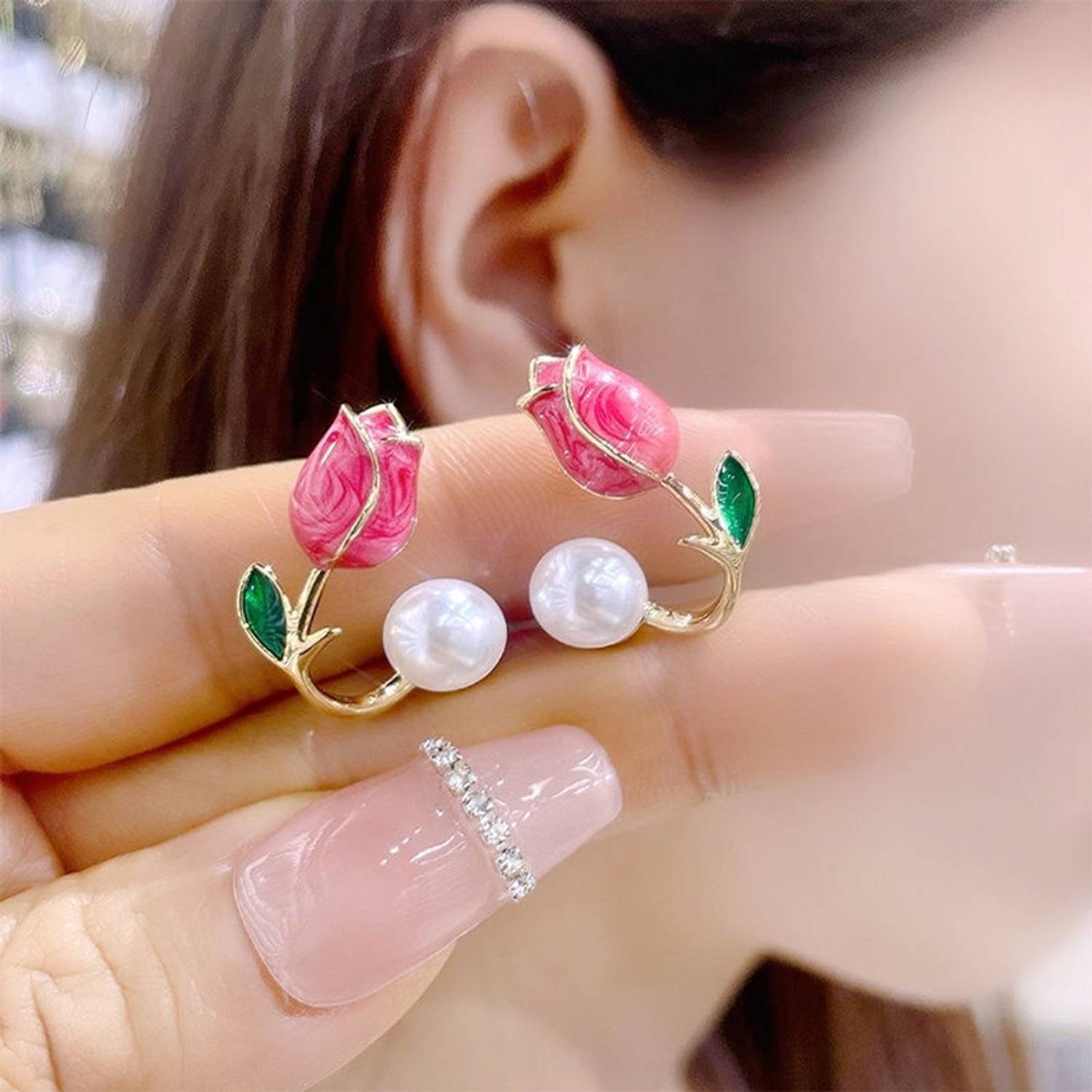 BlueShine Korean Pink Flower Pearl Earrings for Women Girls western Trendy Party Wear Pearl Alloy Stud Earring