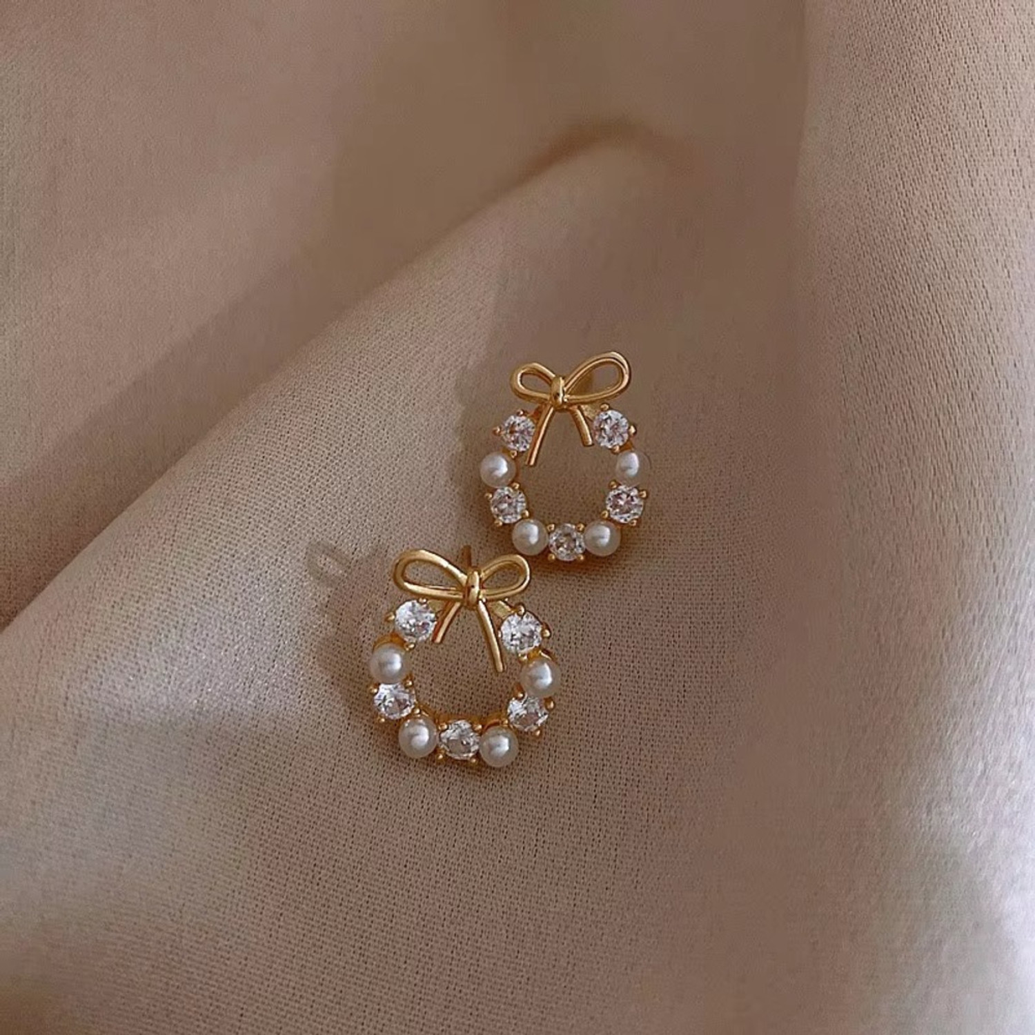Image of Tiso Korean Pearl Gold Earrings & Chain Pendant Set for Women Girls Office Daily Wear Pearl, Cubic Zirconia, Crystal Alloy Chain Set