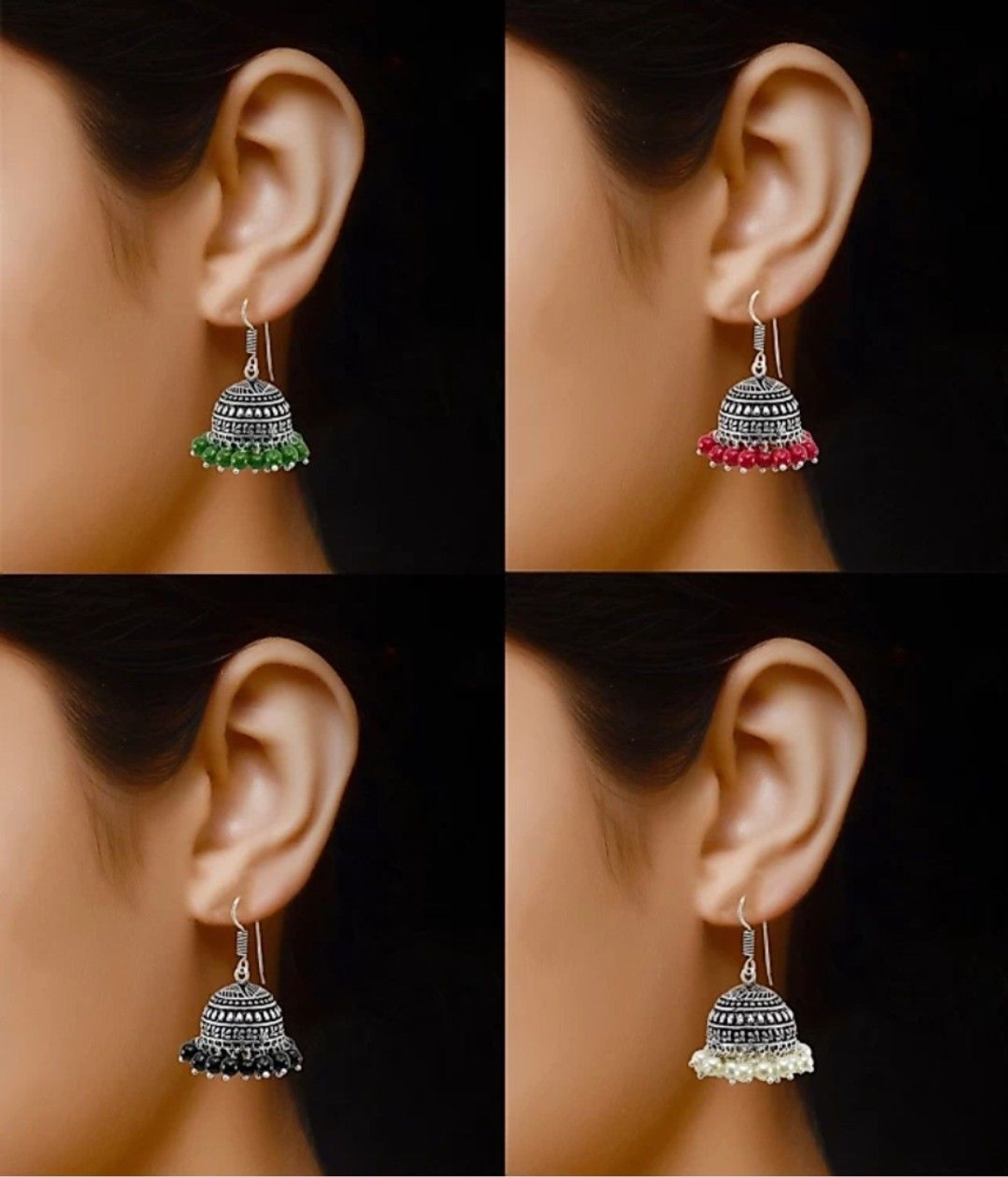 Image of Haniya 4 Pair Combo Afghani Jhumka German Silver Jhumki Oxidised Earrings Beads German Silver Jhumki Earring