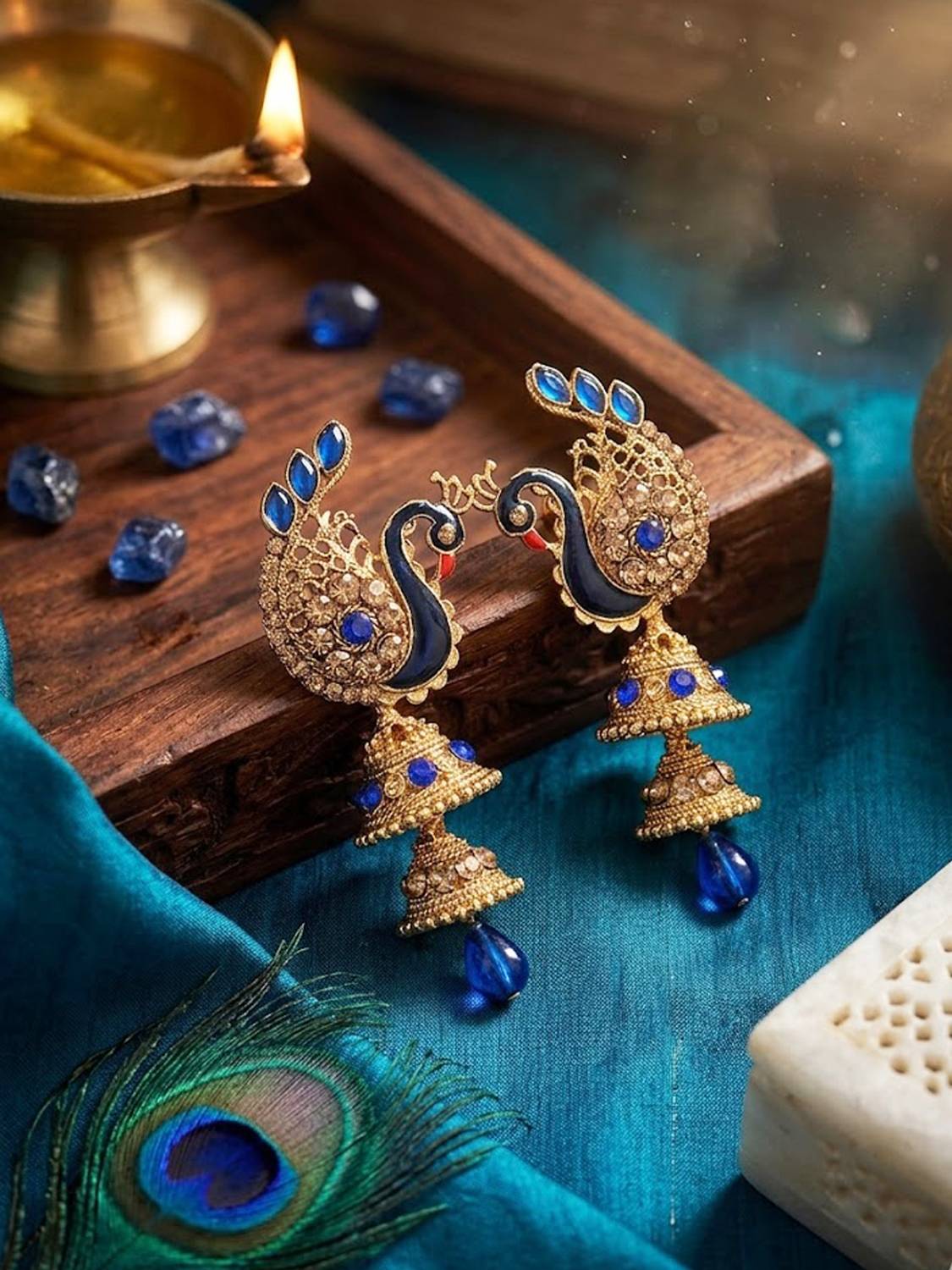 Anika's Creation Traditional Peacock Shape Blue Stone Studded 2 Floor Jhumka Earring_ANIK Cubic Zirconia Brass Jhumki Earring