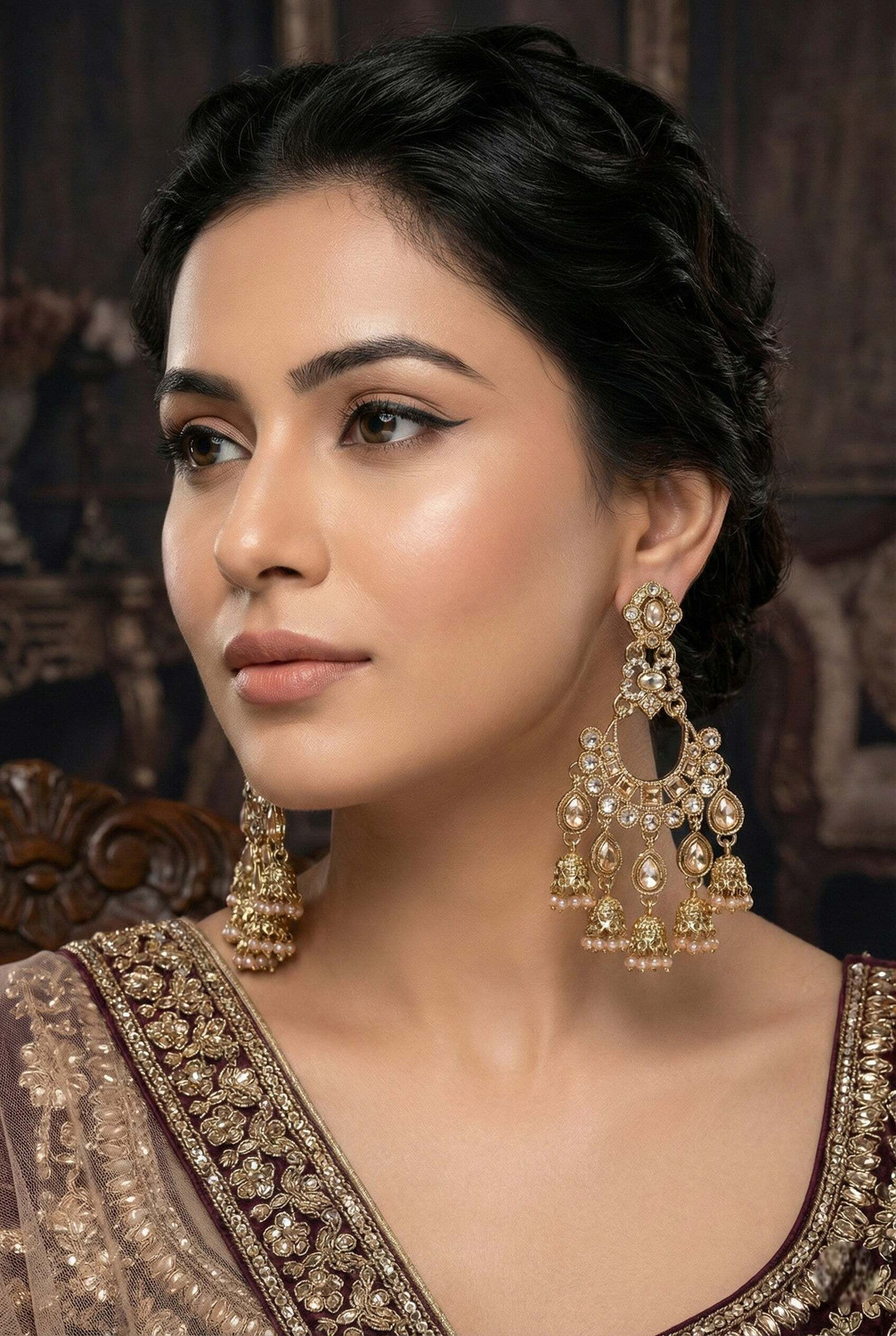 Image of Meira Jewellery Designer Premium Kundan Studded Gold Plated Heavy Earring Alloy Drops & Danglers