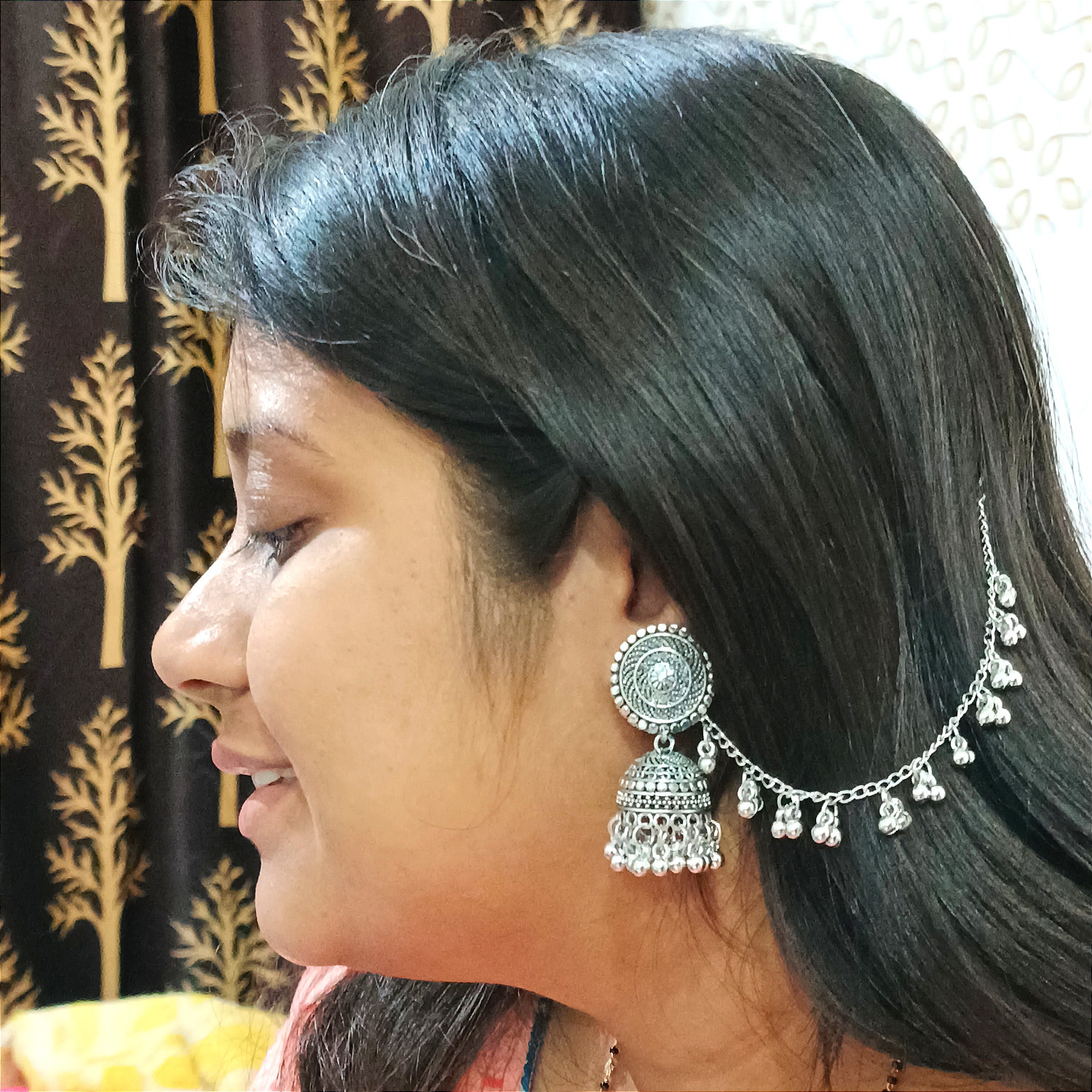 Image of Homemet Bahubali Earrings for Women Long Jhumki Silver Bahubali Baliyan Jumka Hair Chain White Metal Jhumki Earring, Earring Set