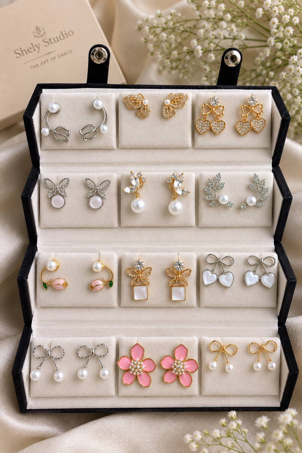 Shelly Studio 12-Piece Pearl & Crystal Earrings Set Pack of 12 - Image 3