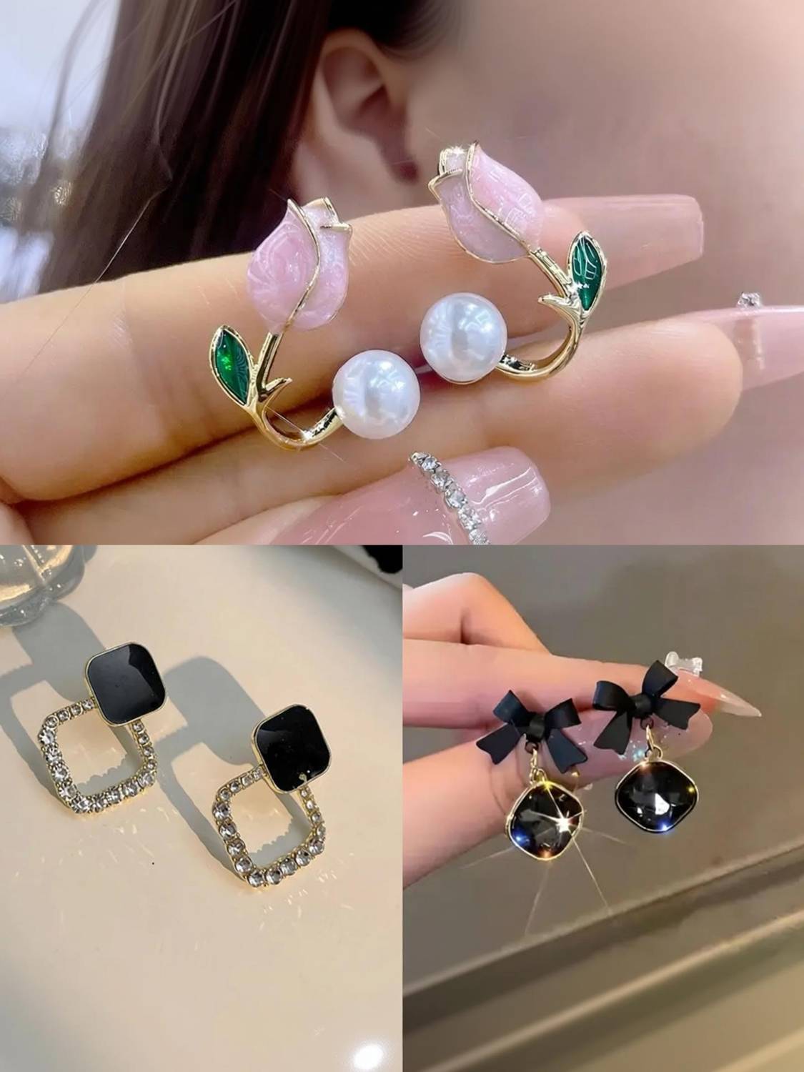 alinora jewels Stylish Combo Earrings Set Bow Pearl Floral Crystal Design for Women Crystal, Pearl Alloy Stud Earring
