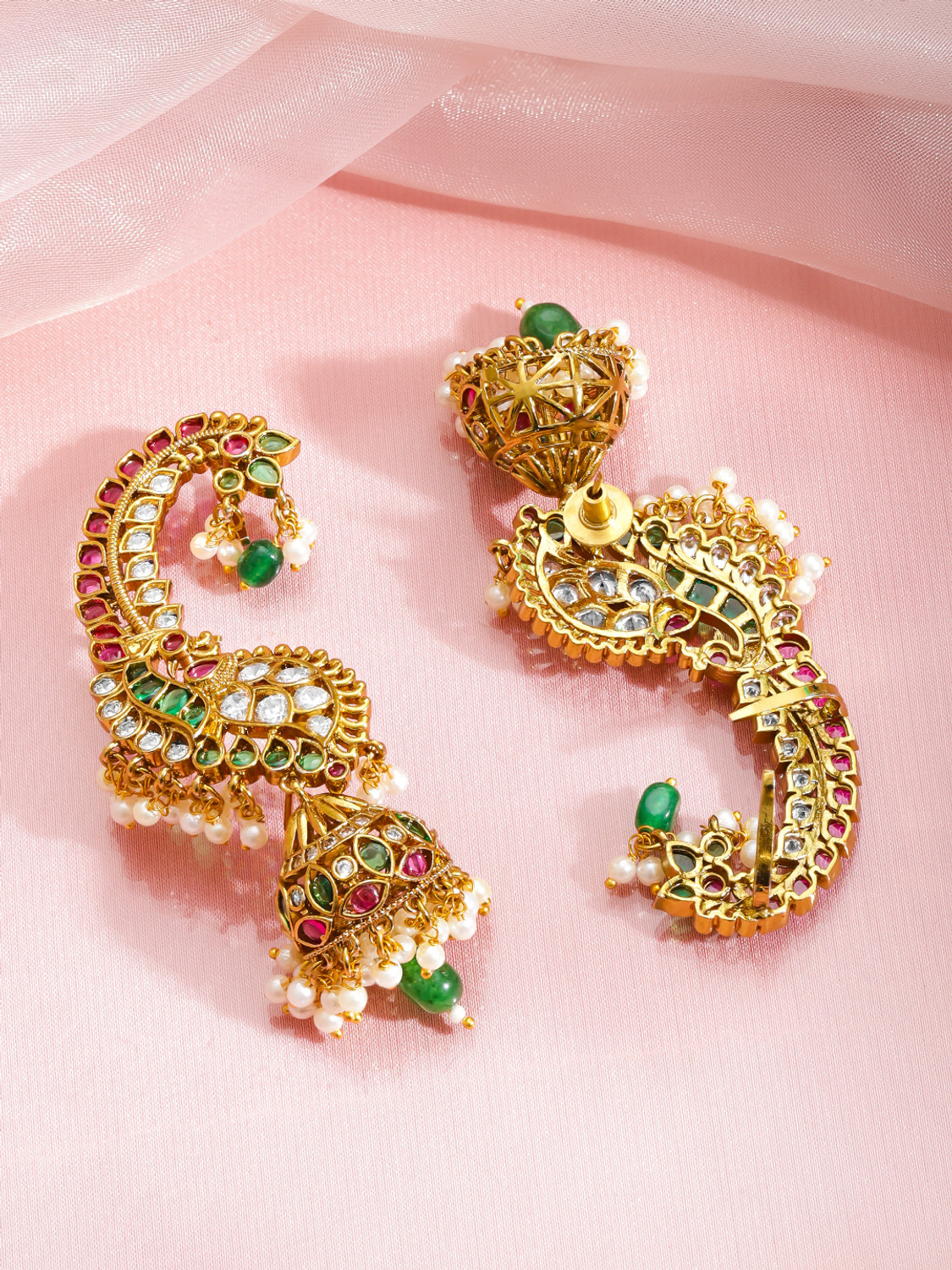 Image of RUBANS Rubans Gold Plated Peacock Motif Multicolor Ear Cuff Jhumkas Brass Jhumki Earring