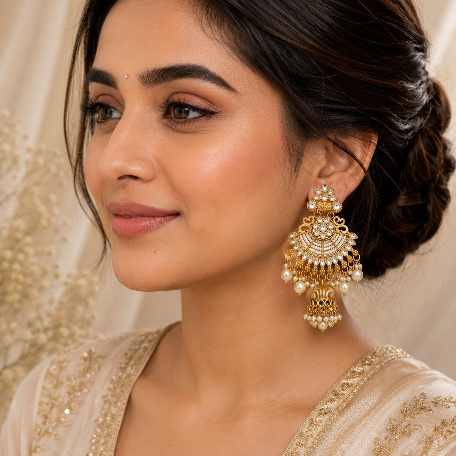 Image of Krishman GOLDEN EARRINGS Amethyst, Pearl Alloy Drops & Danglers, Jhumki Earring