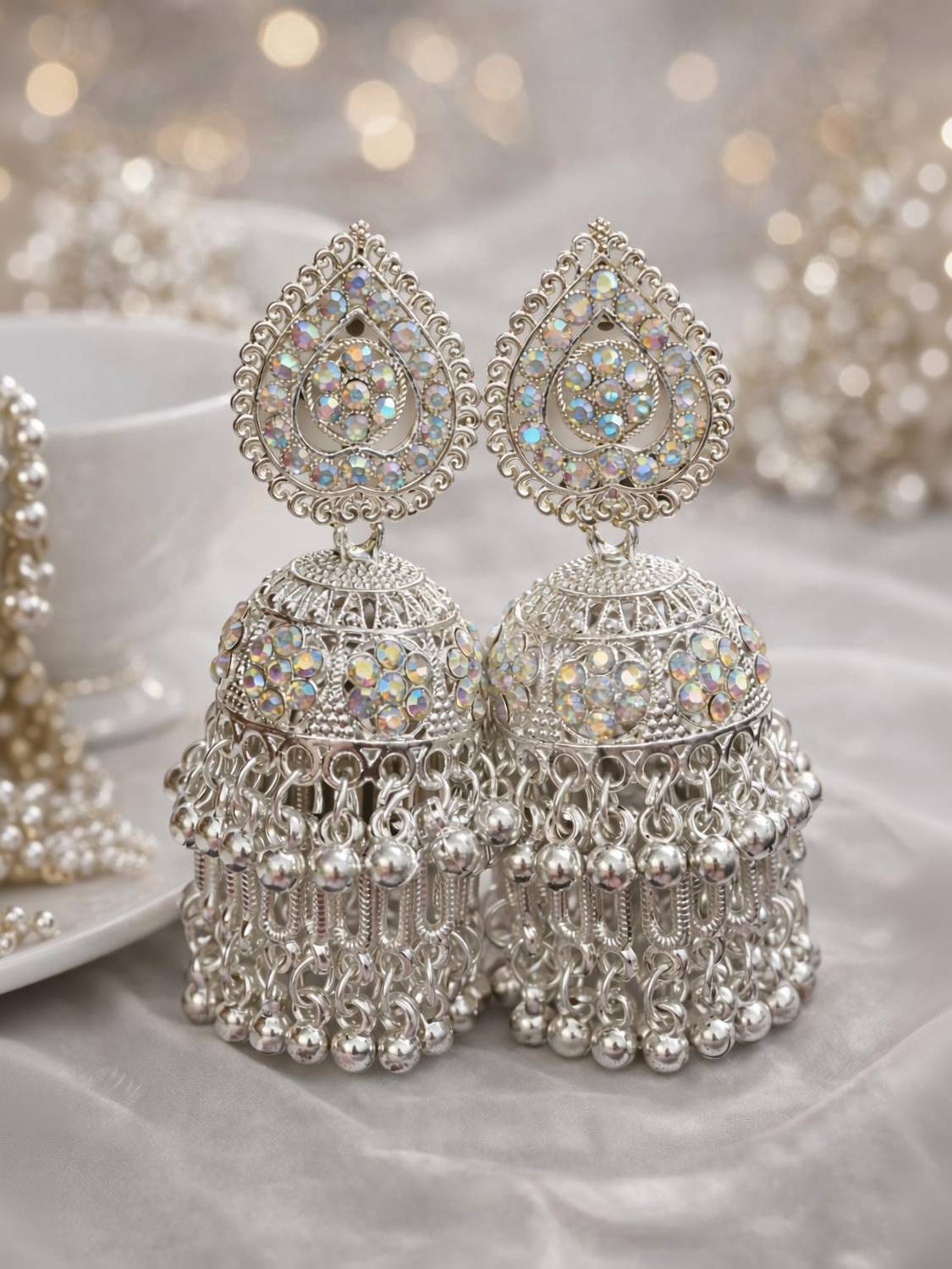AFSHINE Royal Crystal Jhumka Earrings – Silver Tone Bridal Party Wear Silver Jhumki Earring