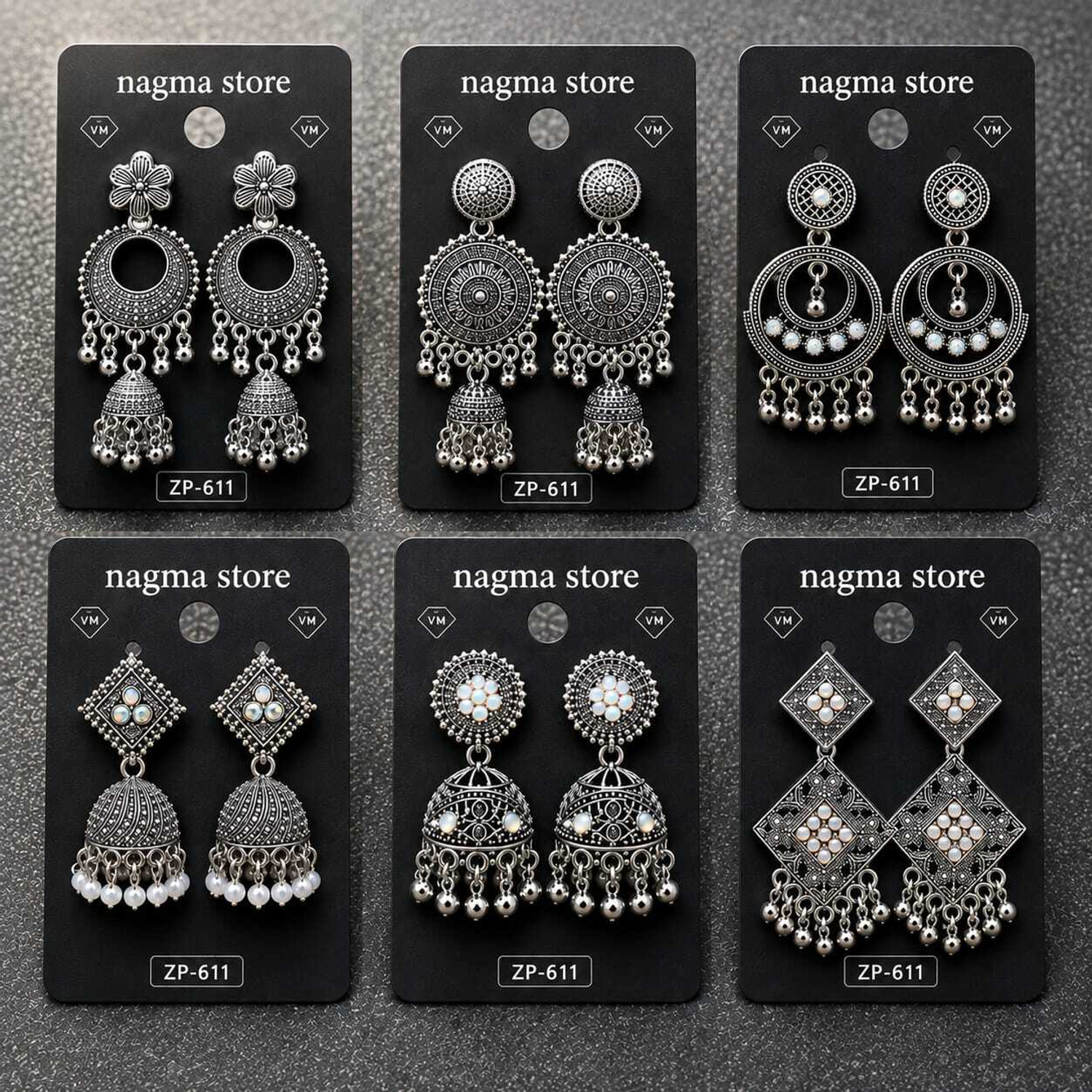 Image of nagma store Pack Of 6 Oxidised Silver Jhumka Earrings Alloy Cuff Earring, Drops & Danglers, Earring Set, Hoop Earring, Huggie Earring, Jhumki Earring