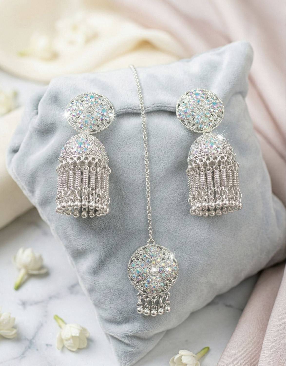 Aadya Collections Traditional Jhumka Earrings with Matching Maang Tika Set Alloy Earring Set