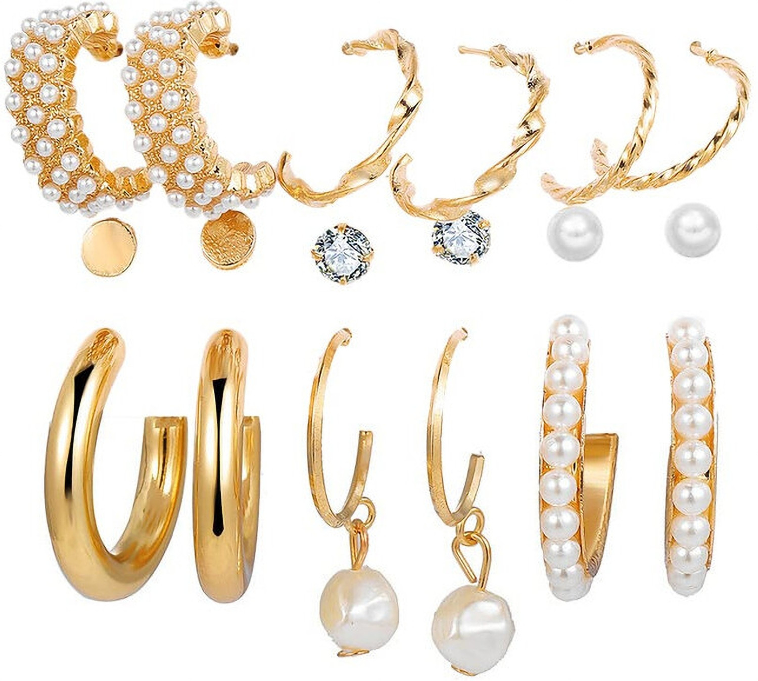 Image of Exotique Combo 9 Pair Stunning Gold Plated Pearl Hoop Earrings Metal Stud Earring Alloy Hoop Earring, Stud Earring