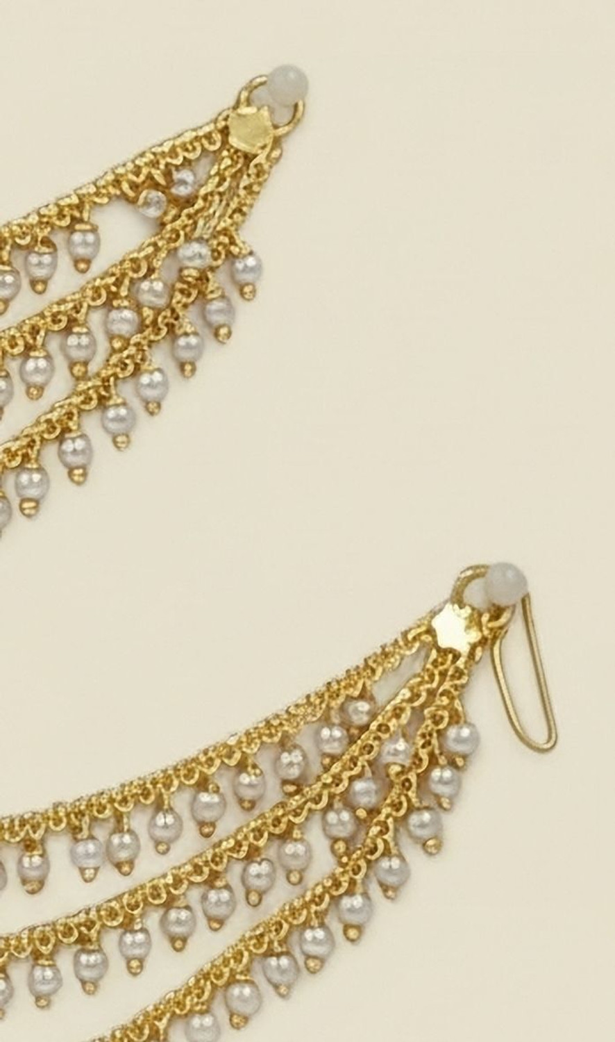 Image of Sulakshyaa Temple Jewellery Small Pearl Beads Statement Chain Clip on hair champaswaralu Alloy Jhumki Earring