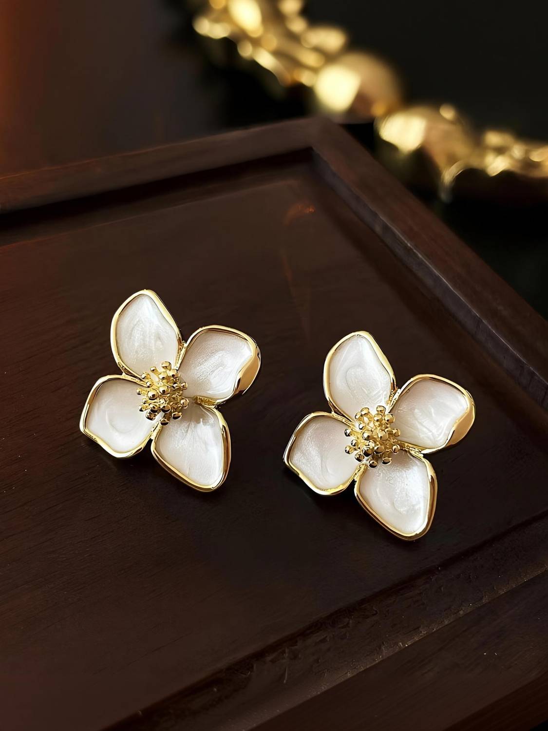ANORI Gold Plated Floral with Ivory Enamel Petal Design for Women & Girls Alloy Stud Earring