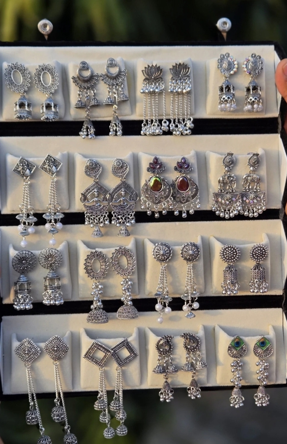 Image of Treviyaa Viral 16 Pair Oxidised Earing Set With Folding Jewelery Box | WITH LOVE NOTE Alloy Jhumki Earring