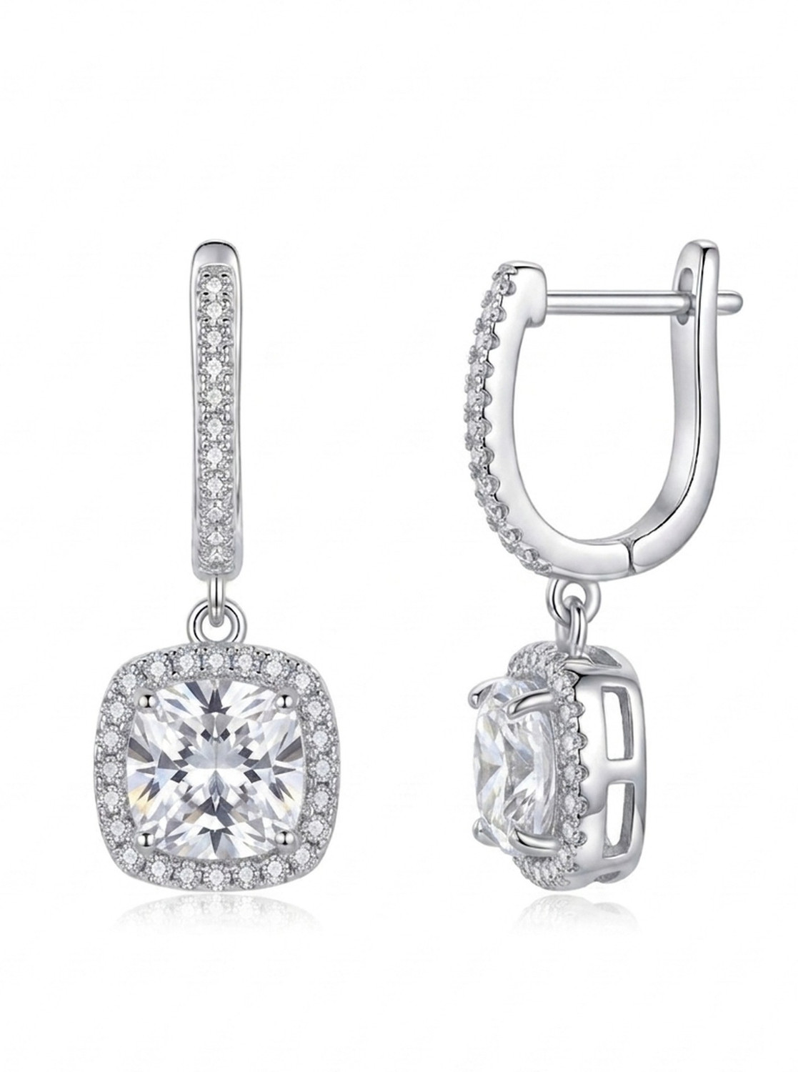 Image of RACHIVA 925 Sterling Silver Pave Hoop with Square Solitaire Drop Earrings Cubic Zirconia Sterling Silver Drops & Danglers